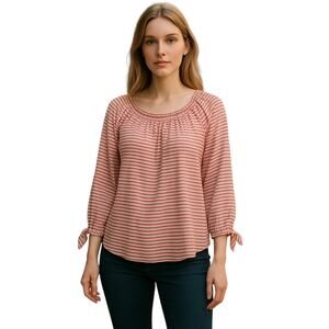 Lauren Ralph Lauren Top Blouse Tie Sleeves Red Striped Size L